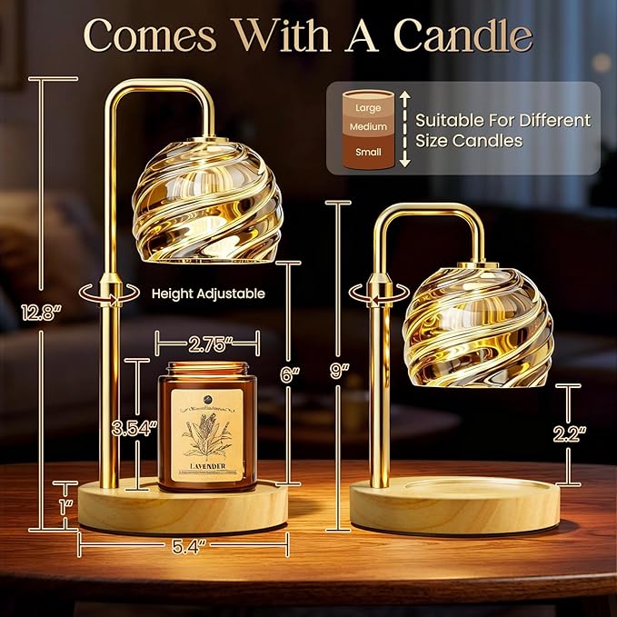 WarmEmbrace Candle Warmer Lamp with Lavender Candle Set, Electric Wax Warmer Lamp with Auto Timer & 4 Dimmable Lights, Adjustable Height for Jar Candles, Elegant Home Decor Gift for Women, Gold