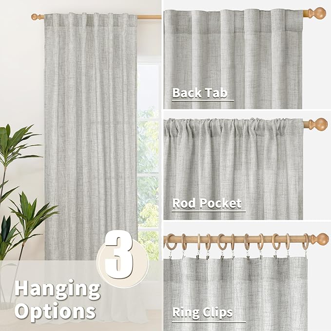 YoungsTex Light Grey Linen Curtains 95 Inches Long for Living Room, Floor Length Semi Sheer Drapes with Rod Pocket Back Tab Light Filtering Window Treatments for Bedroom, 52 X 95 Inch, 2 Panels