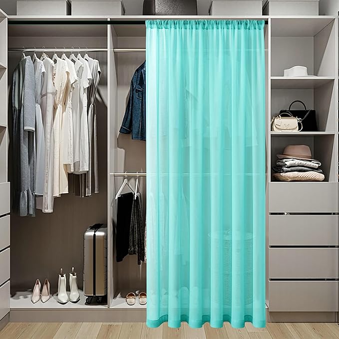 Tollpiz Short Sheer Door Curtains Closet Linen Textured Curtains Sheer Doorway Light Filtering Voile Patio Door Rod Pocket Curtain French Door, 54 x 40 inches Long, Aqua Blue, Set of 1 Panel