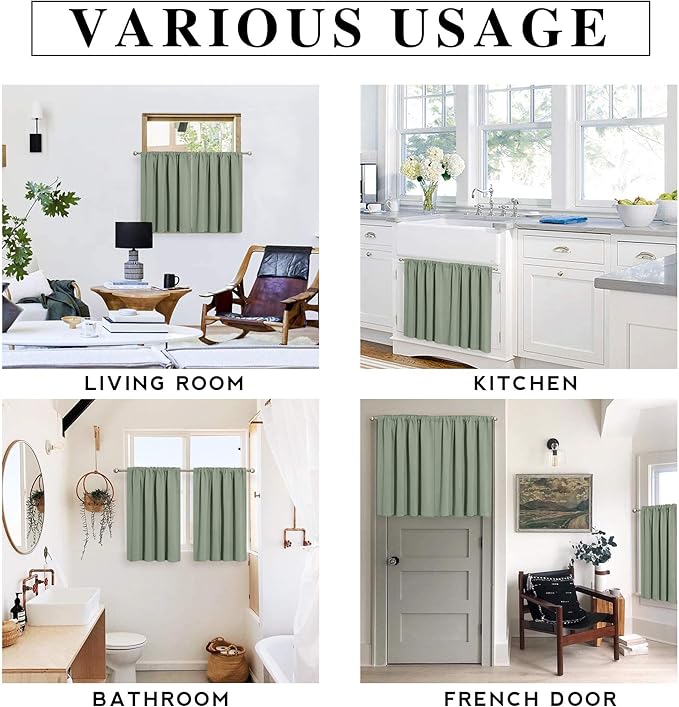 RYB HOME Short Curtains 36 inch 2 Panels Set, Room Darkening Small Window Drapes Thermal Insulated Cafe Curtains for Kitchen Dorm Transit Van, W42 x L36 inch, Grayish Green