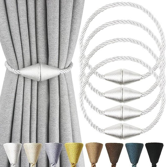 4 Pack Magnetic Curtain Tiebacks Rope Modern Handmade Curtain Tie Backs Decorative Drapes Weave Holdbacks for Window Décor, Silver