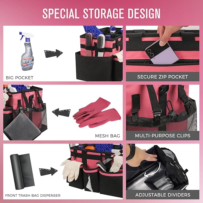 Wearable Cleaning Caddy, Cleaning Caddy Supplies Organizer with Handle & Shoulder Straps for Housekeepers, Under Sink & Car Cleaning Tool Organizers Bag with 4 Foldable Divider (OleanderRed)