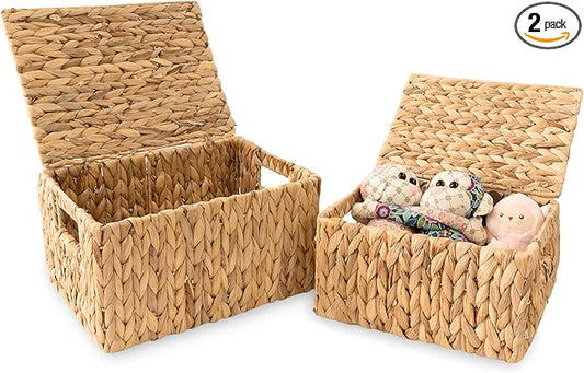 Wicker Storage Baskets with Lid, Set 2 Basket With Lid Decorative Storage Rectangle Wicker Storage Basket With Lid Large Rattan Storage Box Hyacinth Baskets