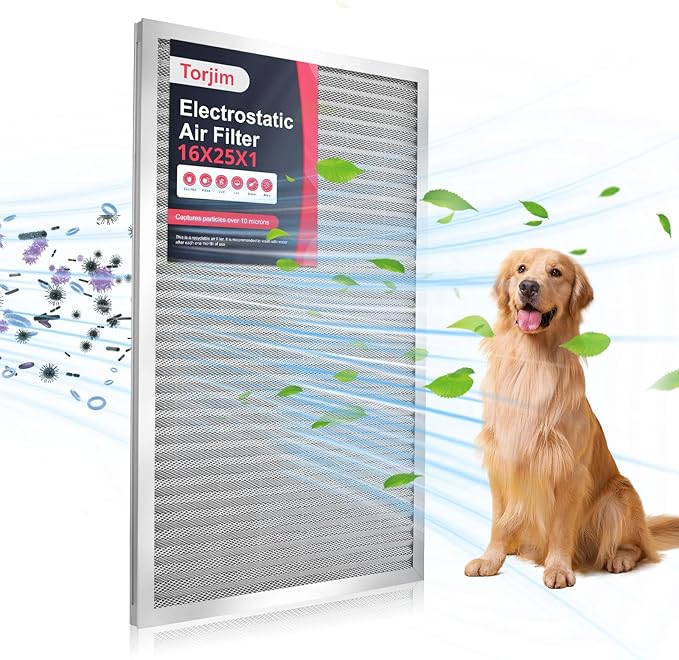 Torjim 16x25x1 MERV8 Washable & Reusable Electrostatic Air Filter - AC/HVAC Furnace Filter, Permanent, Easy Install