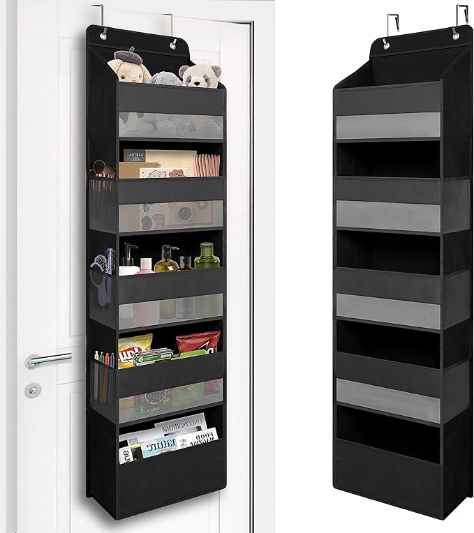 Over Door Organizer with 5 Large Pockets, Heavy Duty Hanging Organizer Storage, Closet Bathroom Nursery Bedroom Dorm, Toys Cosmetics Sundries and Baby Essentials, Black