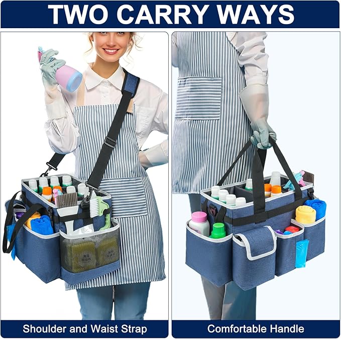 Cleaning Caddy,Cleaning Bag for Housekeepers,Cleaning Supplies Organizer with Handle,Blue