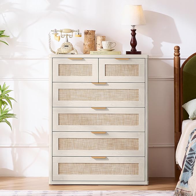 LEYAOYAO White Dresser for Bedroom, 42" Tall Chest of Drawers, Modern 6 Drawers Boho Rattan Dressers with Storage, Dresser Wooden Closet Organizer for Living Room, Hallway