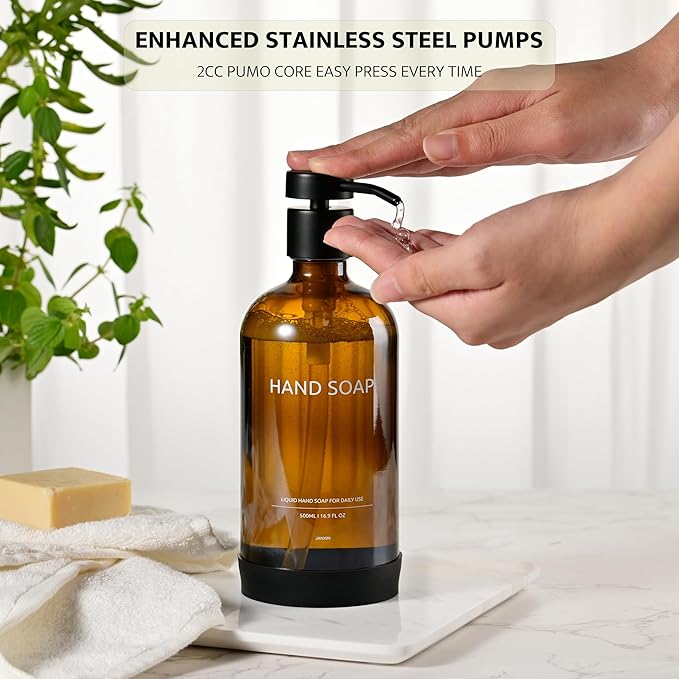 Glass Soap Dispenser Set by Janxin,Bathroom Soap Dispenser Set with Ceramic Tray,Luxury Bathroom Accessories,Modern Kitchen Decor (Amber(Hand Soap))
