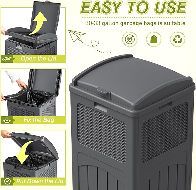 Greesum 33 Gallon Outdoor Trash Can with Lid, Waterproof Resin Garbage Bin for Hideaway, Deck, Patio, Gray