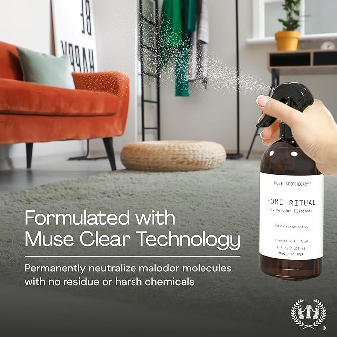 Muse Apothecary Home Ritual Active Odor Eliminator Spray - Furniture Deodorizer Spray & Bathroom Odor Eliminator for Home - Essential Oil Air Freshener - 4oz, Mediterranean Citrus, 2 Pack