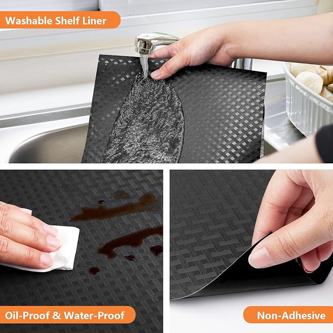 Shelf Liners for Kitchen Cabinets Refrigerator Liners Waterproof & Oil-Proof Kitchen Cupboard Liner Non-Slip Drawer Mats Non Adhesive Fridge Liner for Shelves - Black 11.8 x 59 Inch