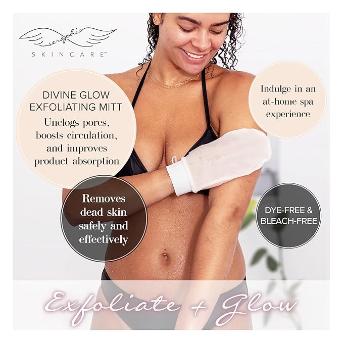 Seraphic Skincare (Original) Divine Glow Exfoliating Mitt (2pcs) – 100% Vegan Viscose Traditional Body Scrub Glove Kessa Korean Washcloth – Body Exfoliator for Self-Tan Removal & Keratosis Pilaris