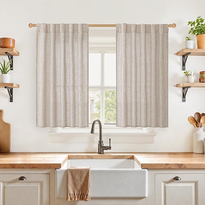 YoungsTex Short Linen Curtains 40 Inch Length for Cafe Kitchen Window Over Sink, Semi Sheer Drapes Light Filtering with Rod Pocket Back Tab for Bathroom, 42 X 40 Inch, 2 Panels