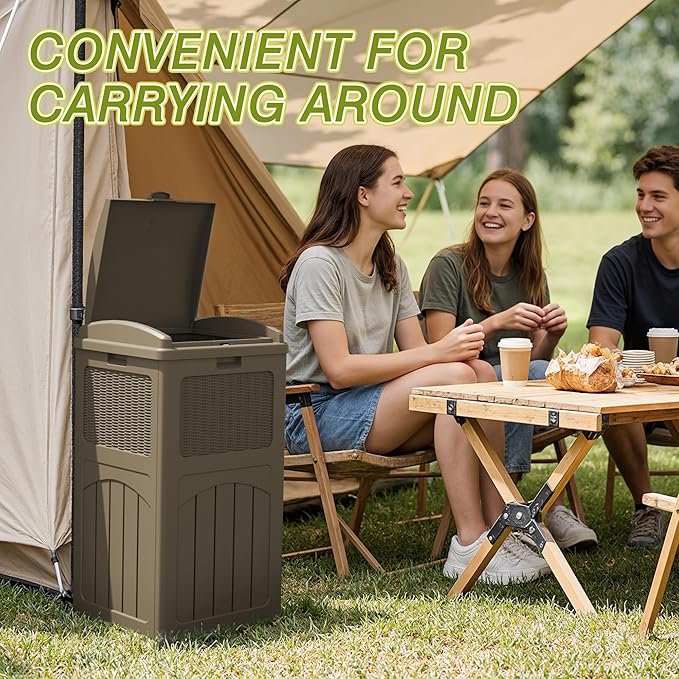Greesum 33 Gallon Resin Outdoor Trash Can with Lid, Waterproof Resin Garbage Bin for Hideaway, Patio, Deck, Light Brown