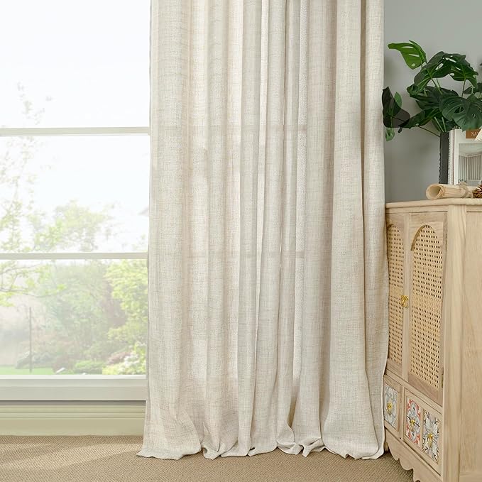 YoungsTex Linen Curtains 60 Inch Wide for Living Room, Semi Sheer Light Filtering Window Drapes 63 Inch Length with Rod Pocket Back Tab for Bedroom Dining Room, Linen, 2 Panels, 60 X 63 Inch