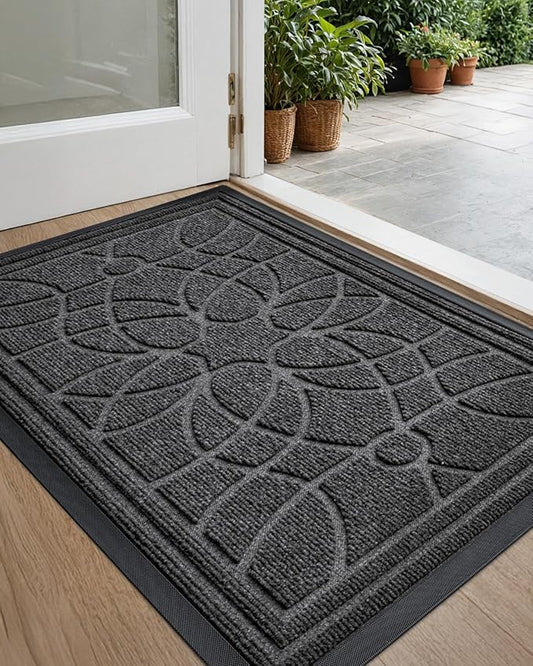 DEXI Front Door Mat Outside Entrance, Heavy Duty Non Slip Low Profile Doormat for Entryway, Trap Dirt and Moisture Welcome Mats, Easy Clean, Patio, Garage, 17x29, Grey