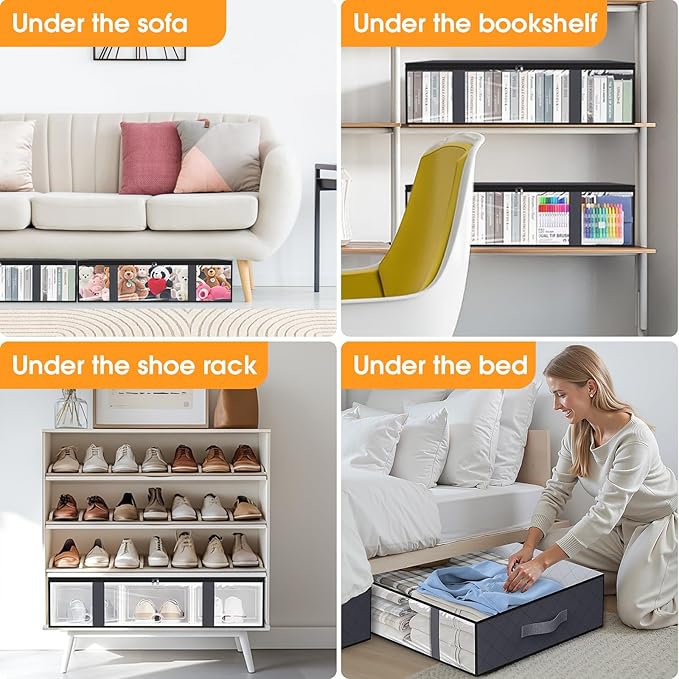 StorageRight Under Bed Storage Bins, 6-Pack 40L Foldable Fabric Storage Bags with Transparent Window, Breathable Organizer for Clothes/Blanket/Comforter/Quilt, Grey