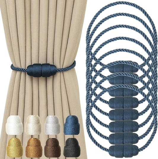 Magnetic Curtain Tiebacks Rope Curtain Tie Backs for Curtains 8 Pack Curtain Holders for Drapes Decorative Window Curtain Holdbacks, Blue