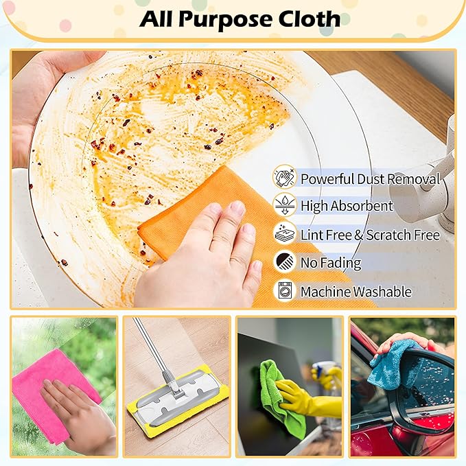 FIXSMITH Microfiber Cleaning Cloth, 50 Pack Cleaning Rags, Cleaning Towels for Housekeeping, Kitchen, Car, Lint-Free, Reusable Shop Towels with 5 Colors (Green/Blue/Yellow/Orange/Pink), 12"X12"