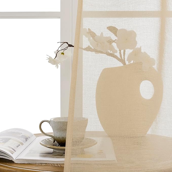 Tollpiz Sheer Door Curtain Closet Linen Textured Curtains Sheer Doorway Light Filtering Voile Patio Glass Door Rod Pocket Curtain French Door, 54 x 72 inches Long, Beige, Set of 1 Panel