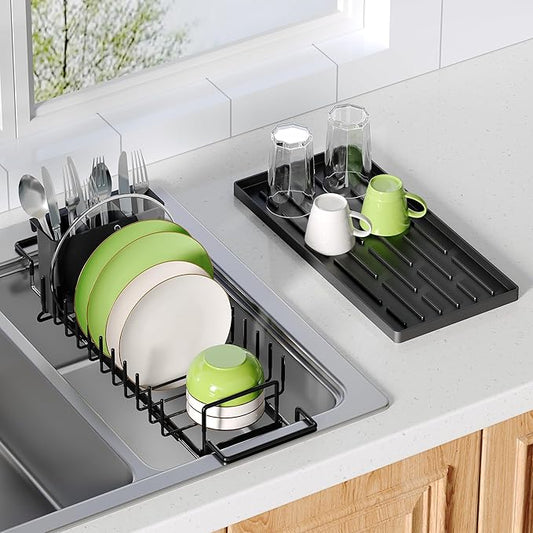 Dish Drying Rack Over the Sink Expandable In Small Black Drainer Dry for Kitchen Counter, Metal Stainless Steel Compact Dishes Drain with Tray, Space Saving Extendable Modern Plate Strainer Holder