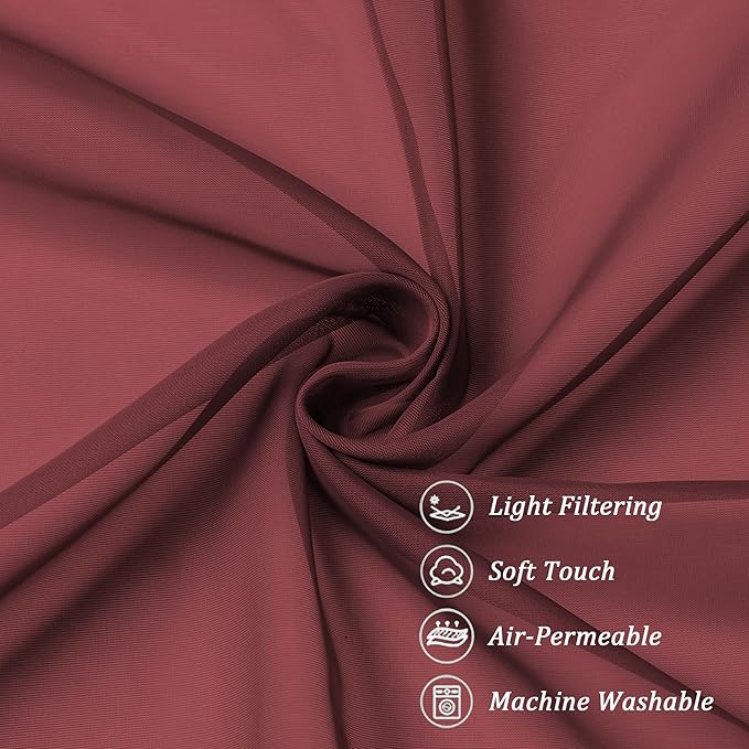 Chyhomenyc Sheer Valances for Windows 2 Pack, 42W x 14L inches Small Window Curtains for Living Room Bathroom Cafe Laundry Basement, Modern Top Dual Rod Pocket Voile Curtain, Burgundy
