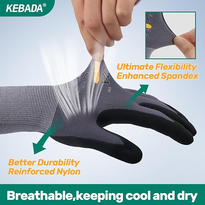Kebada W2 Work Gloves for Men and Women, Nitrile Coated Working Gloves for Gardening, Construction, Warehouse, Safety Gloves for Work in Yard and Outdoors, 6 Pairs, XXL