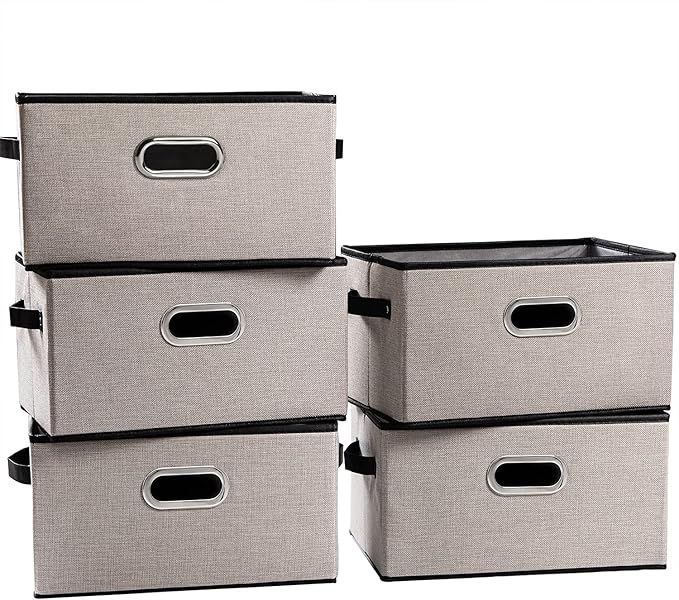PRANDOM Large Fodable Storage Bins for Closet [5-pack] Decorative Linen Fabric Storage Bins Cubes with Leather/Metal Handles for Shelves Bedroom Living Room Light Grey (14.9x9.8x8.3 Inch)