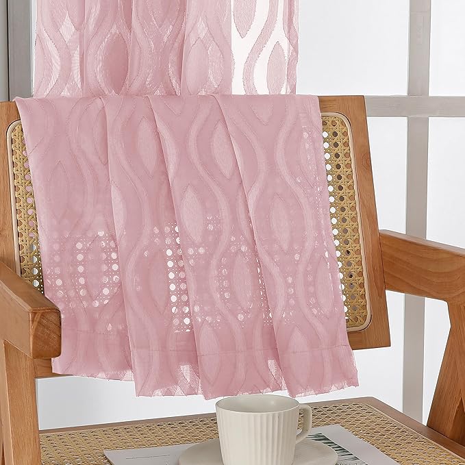 Aiyufeng Sheer Curtains 72 Inches Long for Living Room 2 Panels Set, Light Filtering Clip Jacquard Textured Sheer Bedroom Curtain, Chic Wavy Line Sliding Door Curtains, Blush Pink, 40" Wx72 L Inches