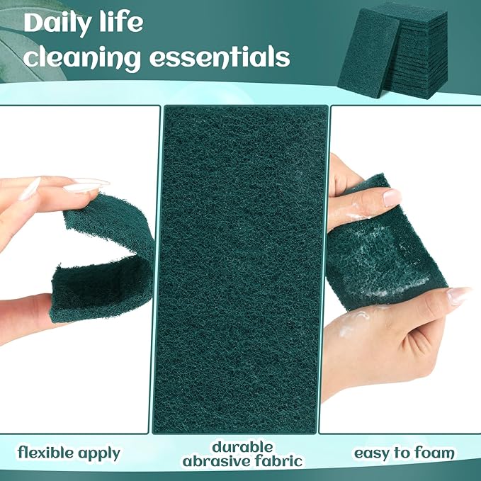 Hoolerry 50 Pcs Heavy Duty Scouring Pads Non Scratch Household Scrub Pads for Cleaning Reusable Pan Scrubber Anti Grease Scrubbing Pads for Dish Kitchen Metal Grills, 4.3 x 3 x 0.3 in (Green)