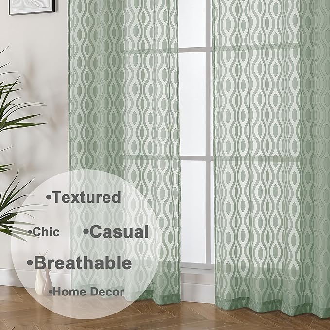 Aiyufeng Sheer Green Curtains 84 Inches Long 2 Panels, Modern Airy Light Filtering Wavy Line Clip Jacquard Window Treatments for Bedroom Living Room, Rod Pocket Curtain Drapes, Total 80 inches Width