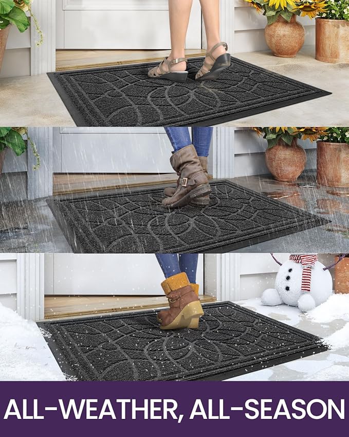 DEXI Front Door Mat Outside Entrance, Heavy Duty Non Slip Low Profile Doormat for Entryway, Trap Dirt and Moisture Welcome Mats, Easy Clean, Patio, Garage, 5x3, Grey