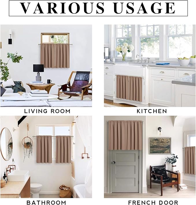 RYB HOME Blackout Curtain Set - Solid Country Curtains Sunlight Glare Block Noise Reduce Drapes for Bedroom Kitchen Cafe Basement RV Cargo Window, 52 x 36 inch Long, Cappuccino, 2 Pcs
