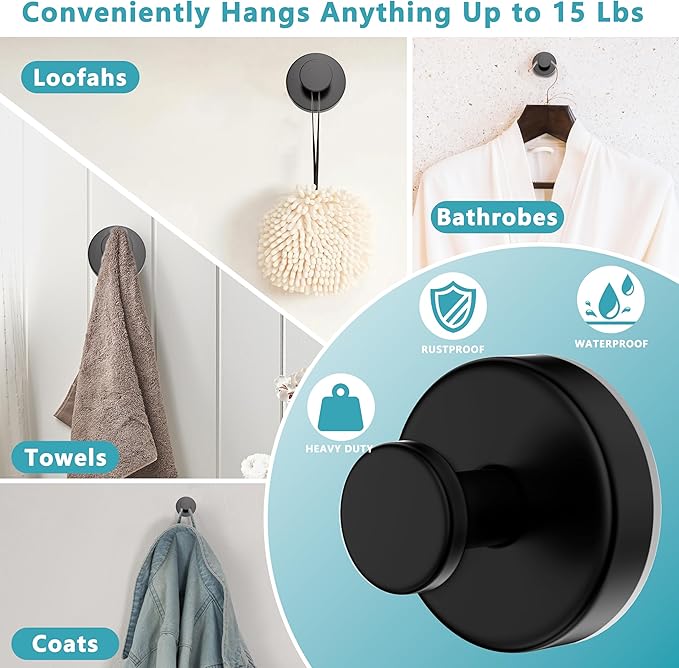 Suction Cup Hooks for Shower,Removable No Drill Towel Hooks,Upgraded 15 lbs Strong Suction hooks for Bathroom Tile,Shower Wall,Glass Door,Kitchen-Loofah,Coat,Stainless Waterproof-Matte Black 2 Pcs