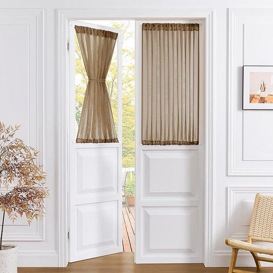 Tollpiz Short Sheer Door Curtains Closet Linen Textured Curtains Sheer Doorway Light Filtering Voile Patio Glass Doors Rod Pocket Curtain French Door, 54 x 40 inches Long, Brown, Set of 1 Panel
