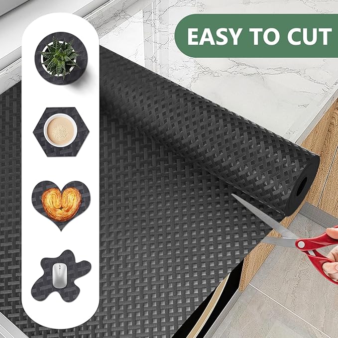 Shelf Liners, Non-Adhesive Drawer Liner, Waterproof & Oil-Proof Kitchen Cabinet Cupboard Liner Plastic EVA Material BPA Free Fridge Liner Mats Paper Protector for Shelves (Black/24in x 240in)