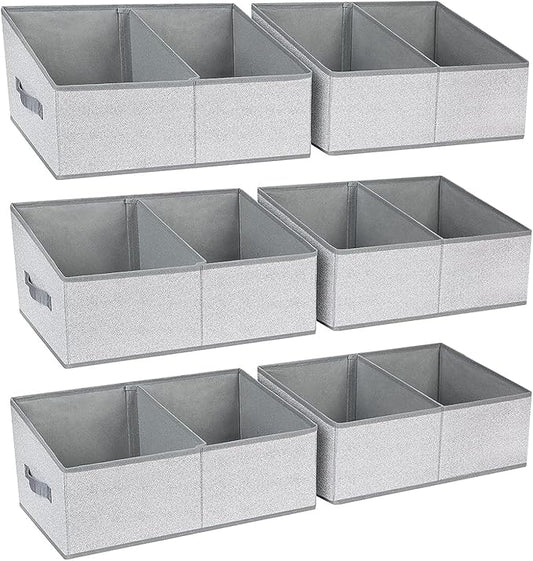 DIMJ Large Closet Shelf Organizer Bins 6 Packs with Handles and Divider, Fabric Trapezoid Storage Baskets, Foldable Clothes Containers Box for Shelf, Towel, Book, Toy, Purse, Hats, Grey