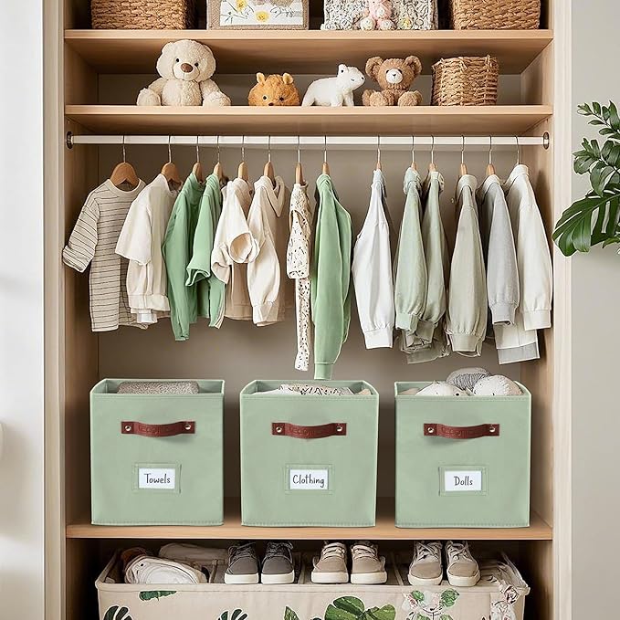 DECOMOMO Storage Baskets, 13x15x13 Storage Cube Bins with Labels for Organizing Shelves Kallax (Kallax / 4pcs, Sage Green)