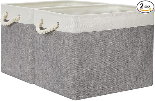 Temary Baskets for Organizing, 2 Pack Storage Baskets Large Fabric Baskets with Handles, Decorative Basket for Gifts Empty for Home (White&Grey,16Lx12Wx12H Inches)