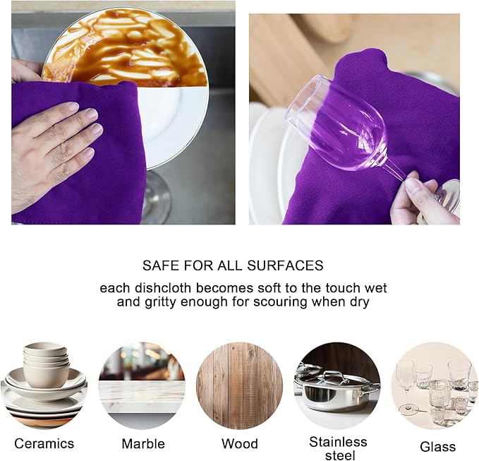 kimteny 13x28 Inches Kitchen Cloth Dish Towels, 400 GSM Premium Dishcloths, Super Absorbent Coral Velvet Microfiber Cleaning Cloths, Fast Drying Rags for Washing Dishes (8 Pack, Purple)