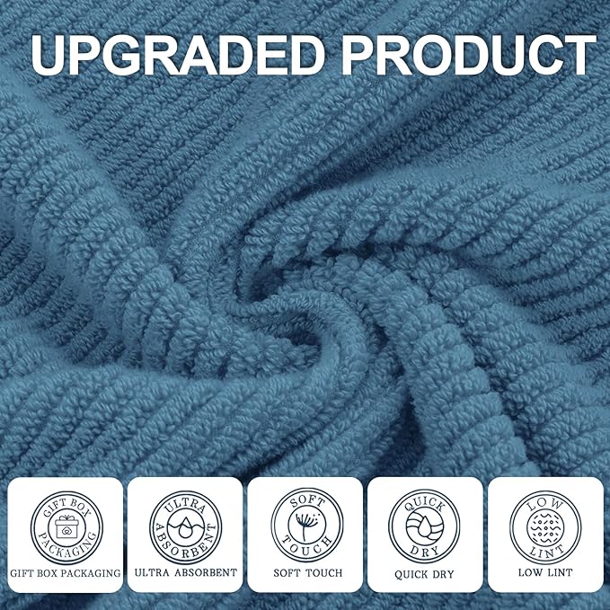 VOOVA & MOVAS Bath Towels Set of 4, Large 30" x 56" - 100% Cotton | Thick | Lightweight | Soft | Absorbent, Quick Dry Towels for Bathroom, Luxury Bathroom Essentials, Denim Blue