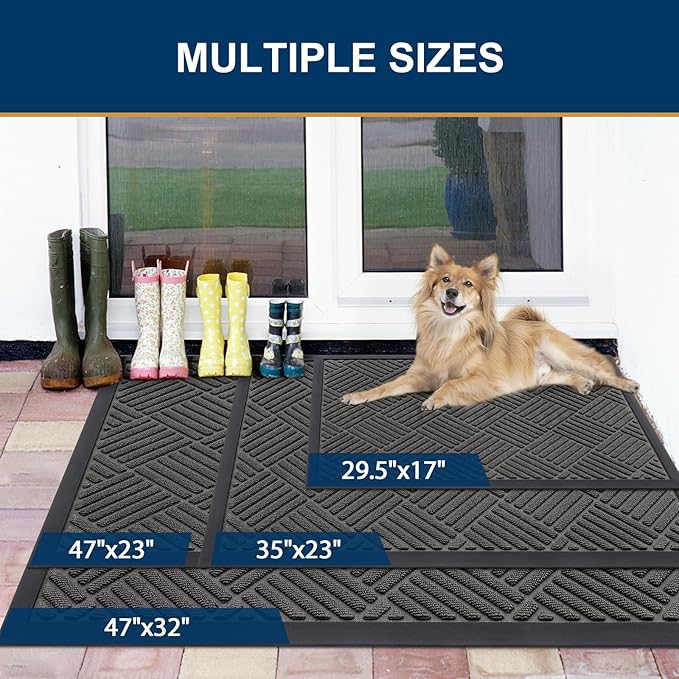 Smiry Front Door Mat Outside Entrance, Heavy Duty Outdoor Indoor Natural Rubber Doormat, Non Slip, Trap Dirt and Moisture, Easy Clean, Low Profile Patio Porch Entryway Mat, 47x32, Grey
