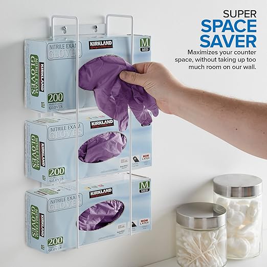 Stock Your Home (White Metal Triple Gloves Dispenser, Tissue Box Shelf, Glove Box Holder Wall Mount, For Kitchen, Cleaning Closet, Lab, Exam, or Office