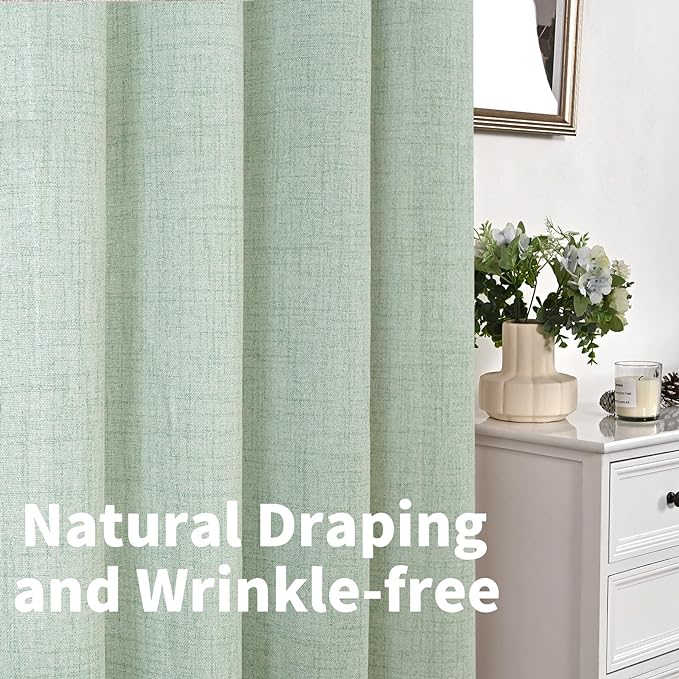 YoungsTex Sage Green Linen Semi Sheer Curtains 45 Inch Length for Kitchen Window, Light Filtering Short Drapes with Rod Pocket Back Tab for Bathroom Bedroom, 2 Panels, 42 X 45 Inch