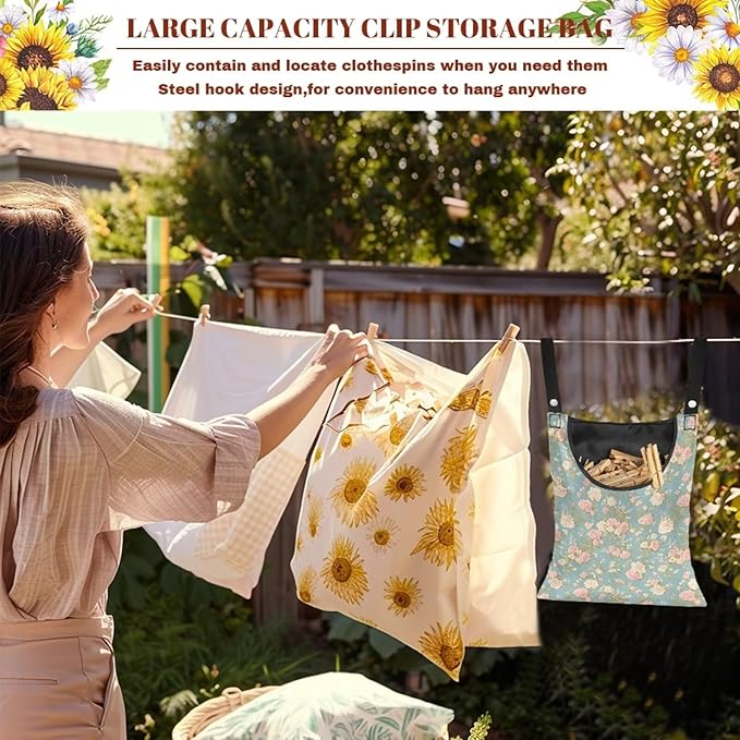 Clothes Pin Hanging Bag with Big Opening Storage Clothes Pins & Mini Clothespins Fits Retractable Clothes Line Outdoors - Flowers Pink