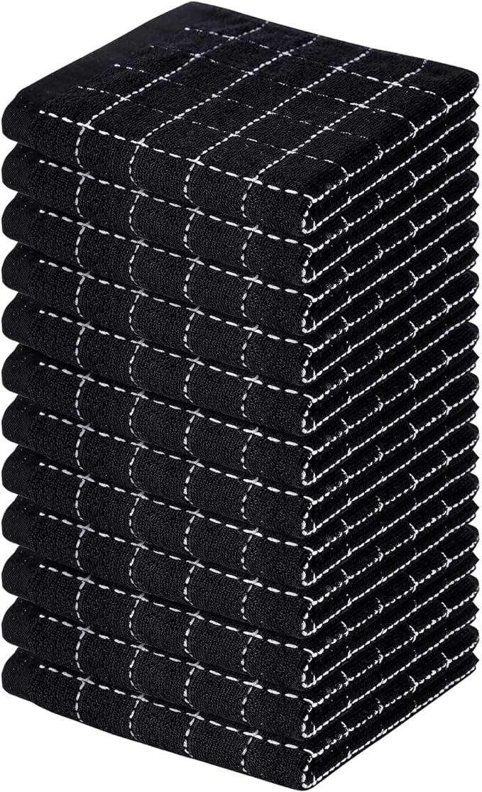 Homaxy 100% Cotton Terry Kitchen Dish Cloths, Ultra Soft and Absorbent Dish Towels for Kitchen, Suitable for Drying and Washing Dishes, 12 Pack, 12 x 12 Inches, Black