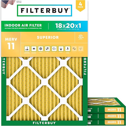 Filterbuy 18x20x1 Air Filter MERV 11 (MPR 1200) Allergen Defense Replacement (4-Pack), Electrostatic Pleated HVAC AC Furnace Filters, Made in USA (Actual Size: 17.50 x 19.50 x 0.75)