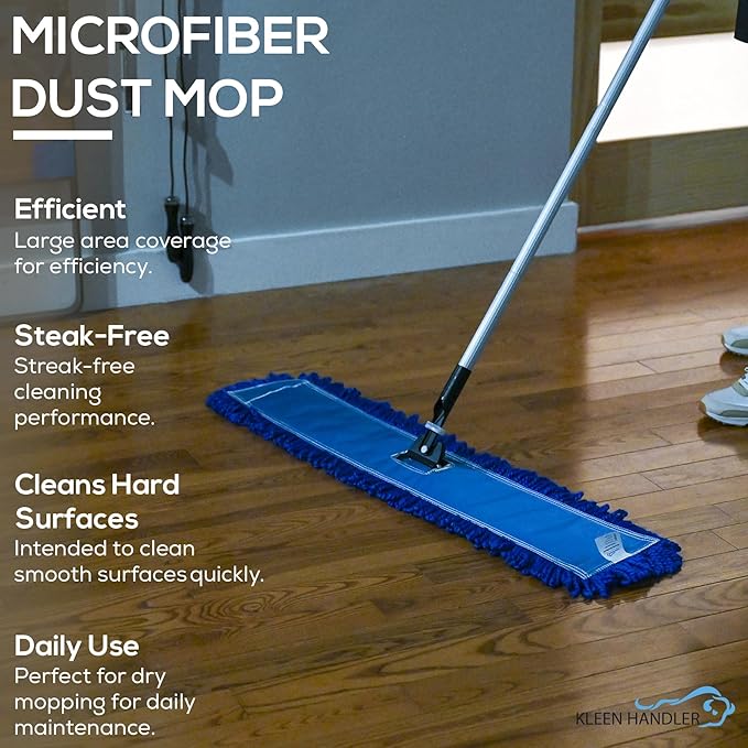 KLEEN HANDLER 36 Inch Microfiber Dust Mop Bulk Pack of 12, Large Washable Commercial Mop Head Replacement, Sweeper, Janitorial Supplies, Blue