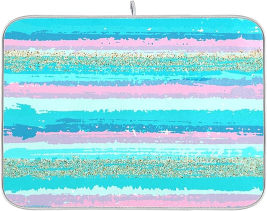 Turquoise Stripe Dish Drying Mat for Kitchen Countertop 18x24 Rectangle Teal Aqua Large Drying Mat Reusable Quick Dry Dish Sink Absorbent Mats Dishwasher Easy Clean Decorative Home Decor Essentials