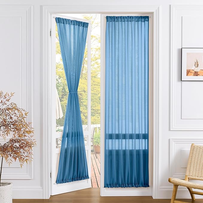 Tollpiz Sheer Door Curtain Closet Linen Textured Curtain Sheers Doorway Light Filtering Voile French Door Rod Pocket Curtains Patio Glass Door, 25 x 80 inches Long, Classic Blue, Set of 1 Panel